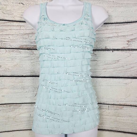 Free Kisses Aqua Blue Ruffle Sequin Tank Top Size S Made in USA - Picture 1 of 7